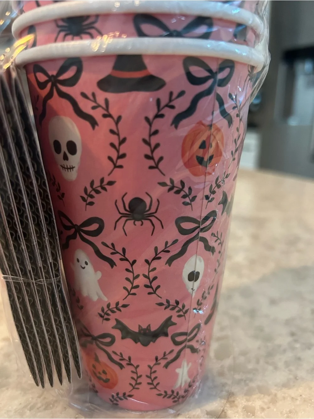 “New” Set of 2 Halloween Themed Disposable Cups - Black & Pink Pumpkin Designs